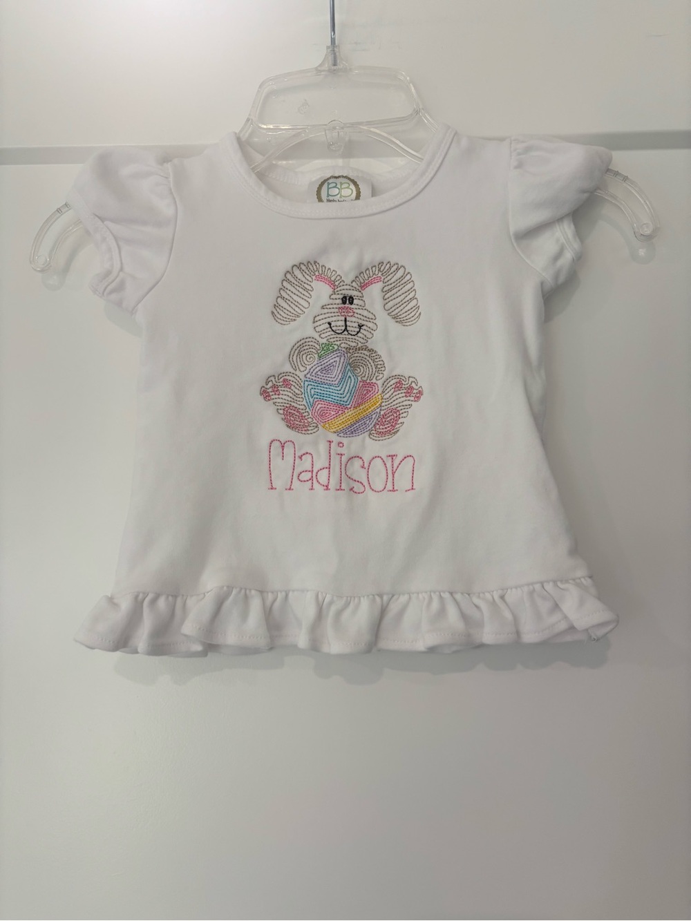 Blanks Boutique Madison Embroidered Easter Bunny Ruffle Top 12m